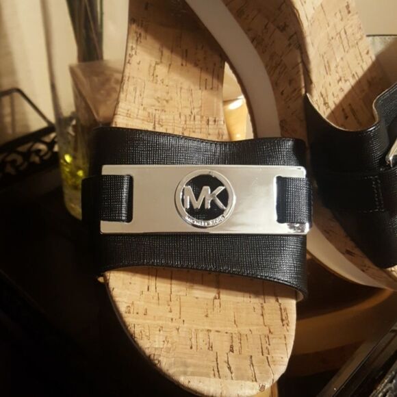 Michael Kors platform slide sandals black logo strap and cork-patterned wedge. - Picture 2 of 3